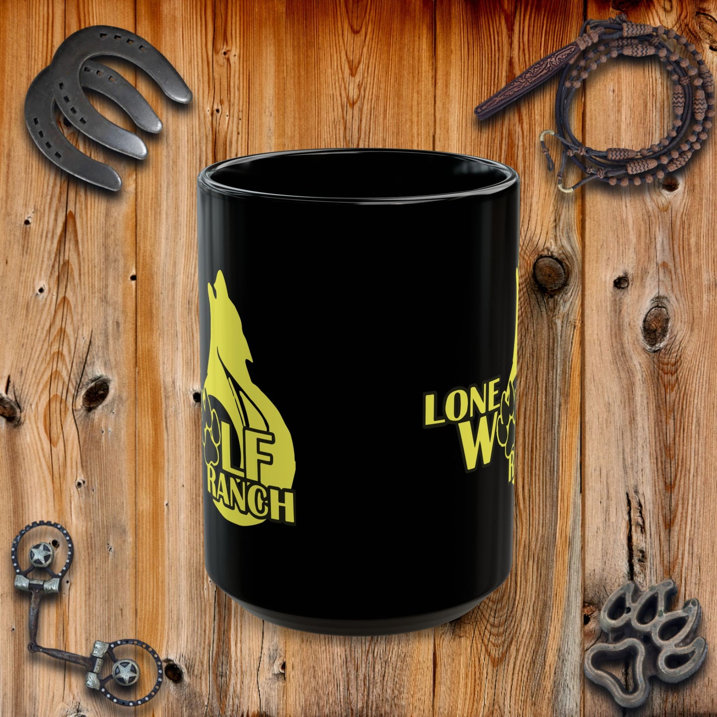 Lone Wolf Ranch Black Mug - Rustic Farmhouse Coffee Cup, Gift for Wolf Lovers, Unique Animal Design, 11oz and 15oz Options