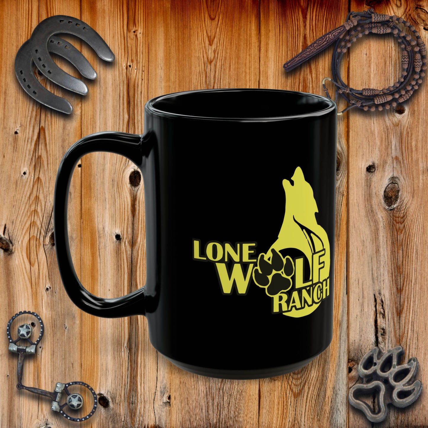 Lone Wolf Ranch Black Mug - Rustic Farmhouse Coffee Cup, Gift for Wolf Lovers, Unique Animal Design, 11oz and 15oz Options