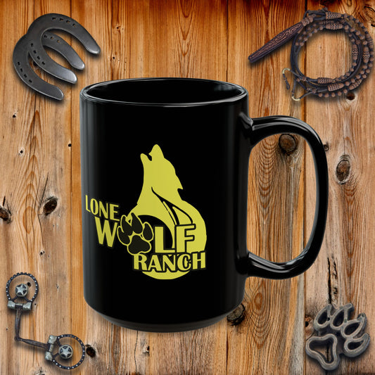 Lone Wolf Ranch Black Mug - Rustic Farmhouse Coffee Cup, Gift for Wolf Lovers, Unique Animal Design, 11oz and 15oz Options